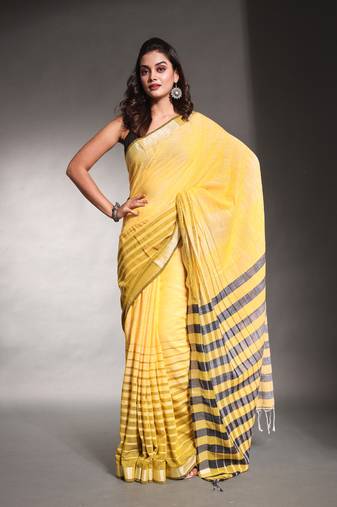 Yellow pure cotton soft saree with stripes pattern