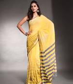Yellow pure cotton soft saree with stripes pattern