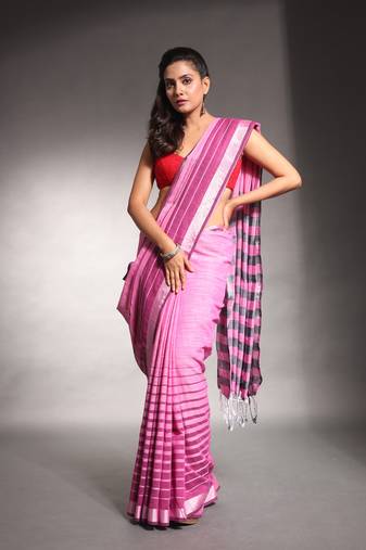 Pink pure cotton soft saree with stripes pattern