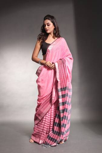 Baby pink pure cotton soft saree with stripes pattern