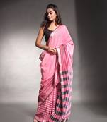 Baby pink pure cotton soft saree with stripes pattern