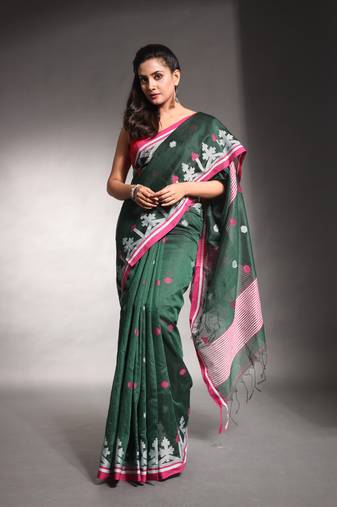 Juniper green cotton silk saree with texture border