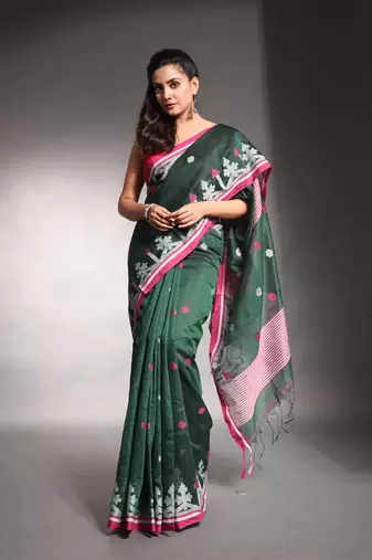 Juniper green cotton silk saree with texture border