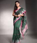 Juniper green cotton silk saree with texture border