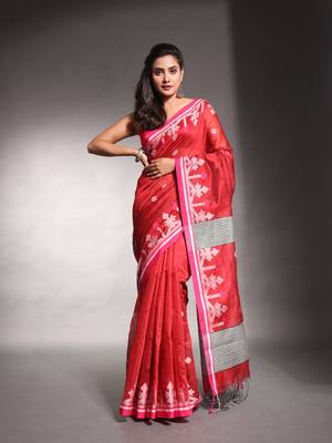 Red cotton silk saree with texture border 1