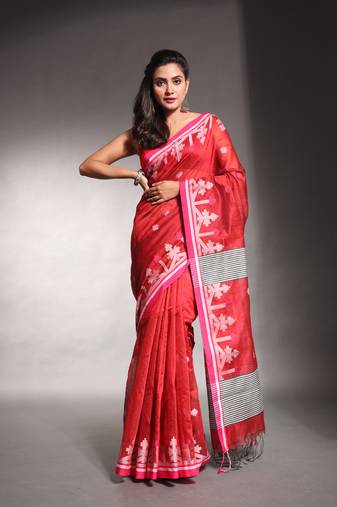 Red cotton silk saree with texture border