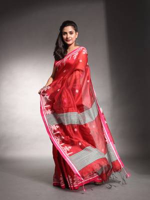 Red cotton silk saree with texture border 2