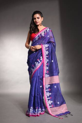 Navy blue cotton silk saree with texture border