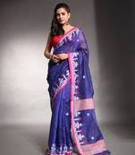 Navy blue cotton silk saree with texture border