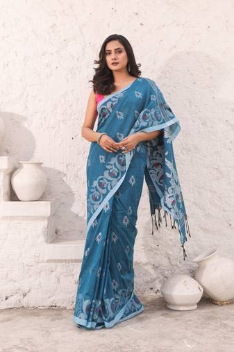 Teal pure cotton soft saree with nakshi designs