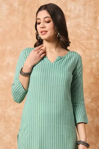 Sage green stripe print straight formal kurta