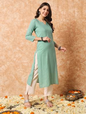 Sage green stripe print straight formal kurta 3