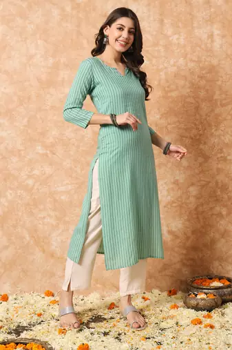 Sage green stripe print straight formal kurta