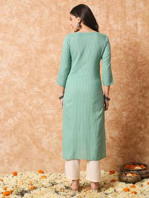 Sage green stripe print straight formal kurta 4