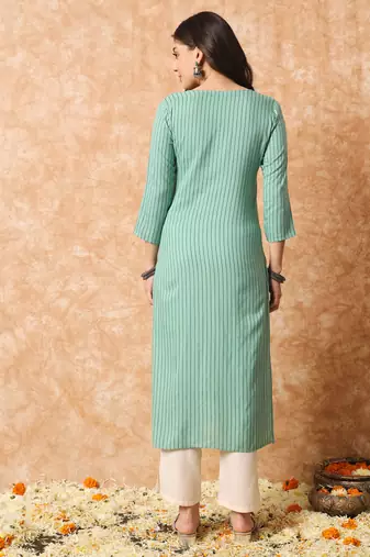 Sage green stripe print straight formal kurta