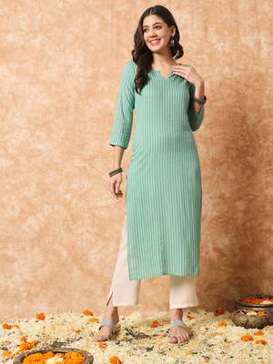 Sage green stripe print straight formal kurta 5