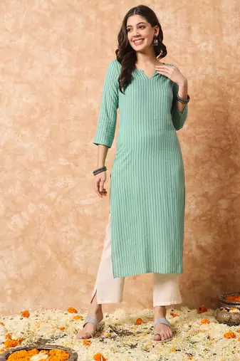 Sage green stripe print straight formal kurta