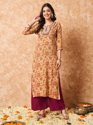 Beige and maroon floral printed yoke design straight kurta 1