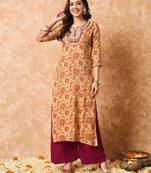 Beige and maroon floral printed yoke design straight kurta