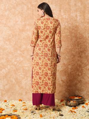 Beige and maroon floral printed yoke design straight kurta 4