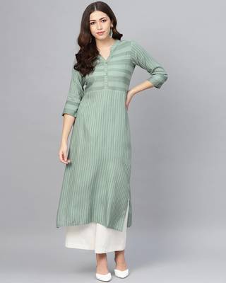 Sage green striped formal kurta 1