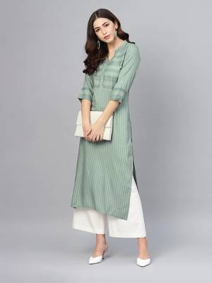 Sage green striped formal kurta 5