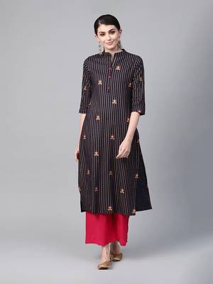 Navy blue striped straight kurta 1