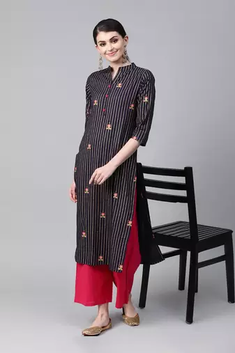 Navy blue striped straight kurta