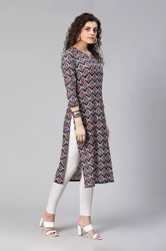 Navy blue and maroon printed straight kurta