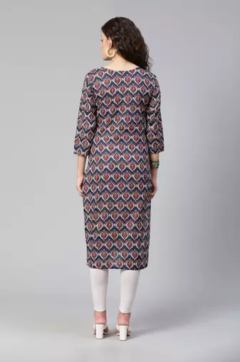 Navy blue and maroon printed straight kurta