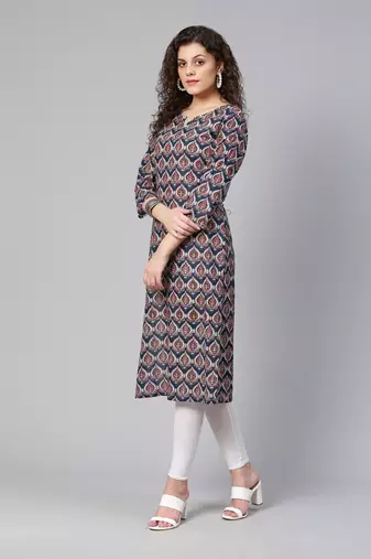 Navy blue and maroon printed straight kurta