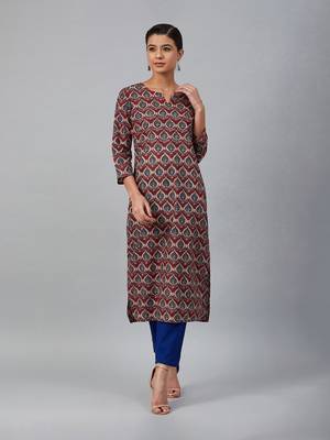 Brick red and navy printed straight kurta 1
