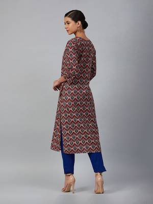 Brick red and navy printed straight kurta 2