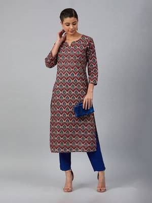 Brick red and navy printed straight kurta 4