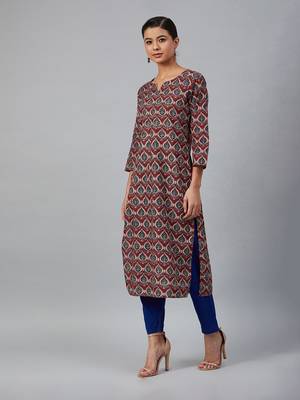Brick red and navy printed straight kurta 5