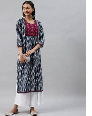 Blue ethnic printed embroidered straight kurta 1