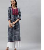 Blue ethnic printed embroidered straight kurta