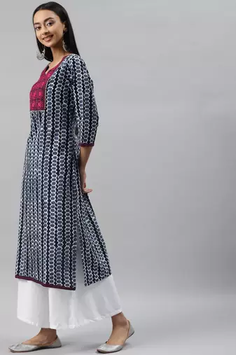Blue ethnic printed embroidered straight kurta