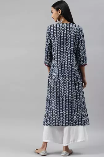 Blue ethnic printed embroidered straight kurta