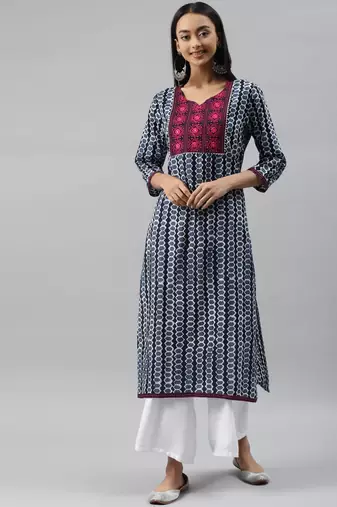 Blue ethnic printed embroidered straight kurta