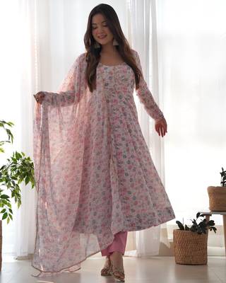 Chiffon Floral Print Fabric, Padded, Side Zipper Attached Fully Flair Anarkali Kurti, Dupatta And Pent 4