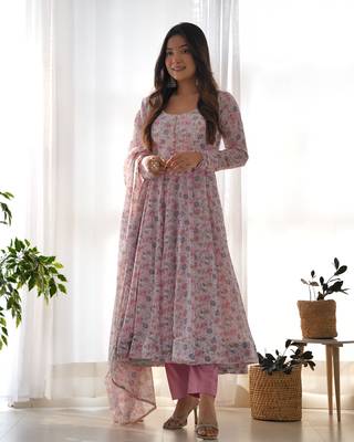 Chiffon Floral Print Fabric, Padded, Side Zipper Attached Fully Flair Anarkali Kurti, Dupatta And Pent 5