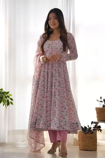Chiffon Floral Print Fabric, Padded, Side Zipper Attached Fully Flair Anarkali Kurti, Dupatta And Pent