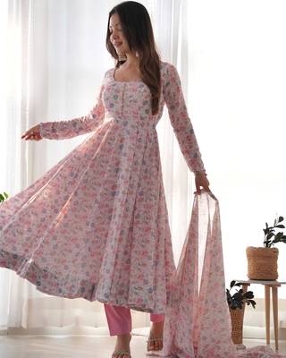 Chiffon Floral Print Fabric, Padded, Side Zipper Attached Fully Flair Anarkali Kurti, Dupatta And Pent 6
