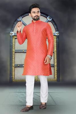 Orange jacquard straight kurta with pyjama 1