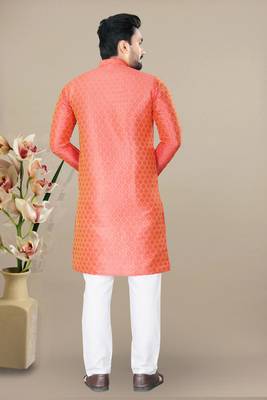 Orange jacquard straight kurta with pyjama 2