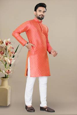 Orange jacquard straight kurta with pyjama 3