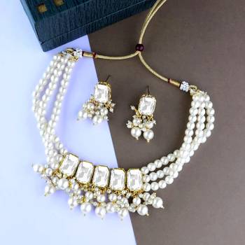 traditional white stone studded multi layered white pearl choker necklace jewellery set  1