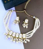 traditional white stone studded multi layered white pearl choker necklace jewellery set 