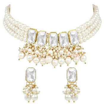traditional white stone studded multi layered white pearl choker necklace jewellery set  2
